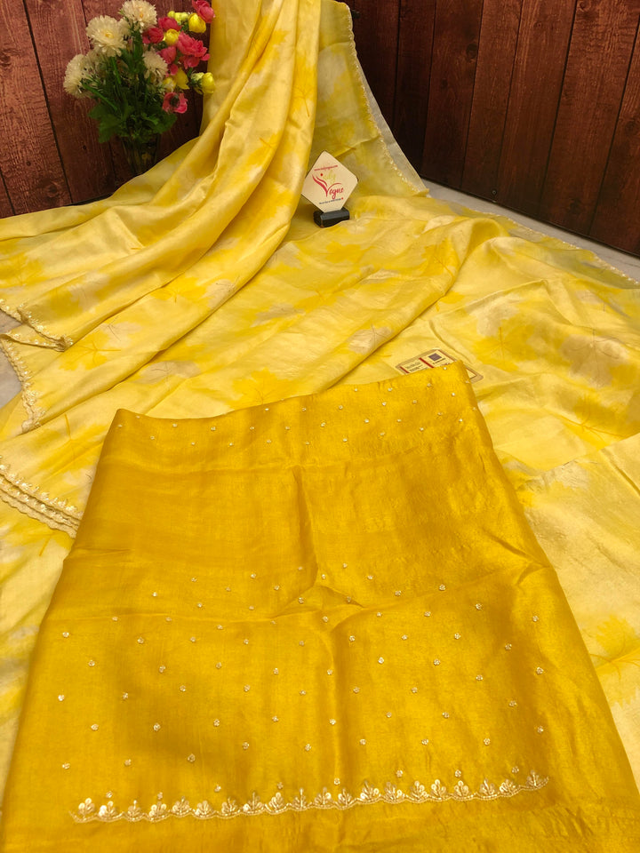 Sunshine Yellow Color Pure Tussar Silk Saree with Hand Paint and Katdana Border