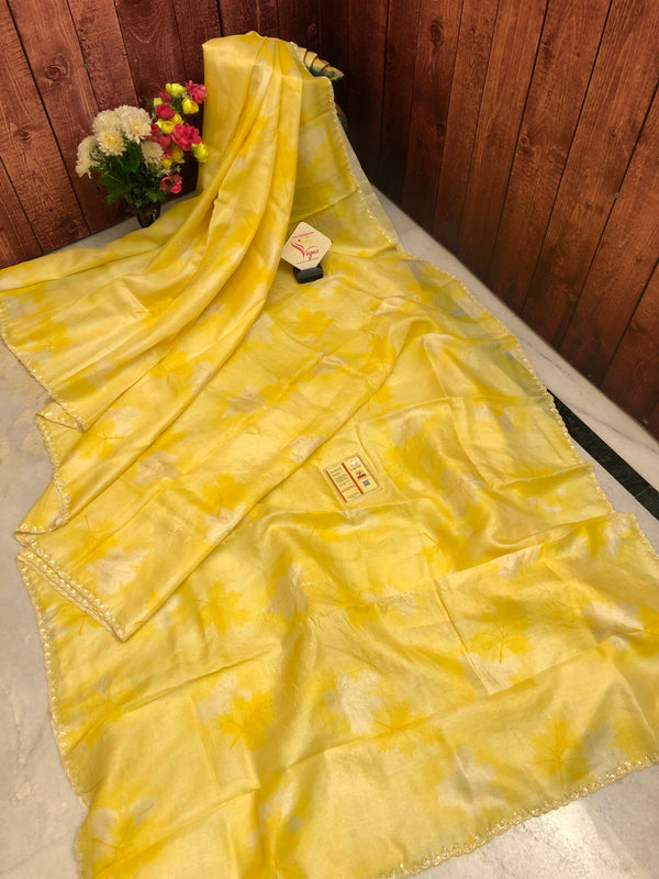Sunshine Yellow Color Pure Tussar Silk Saree with Hand Paint and Katdana Border