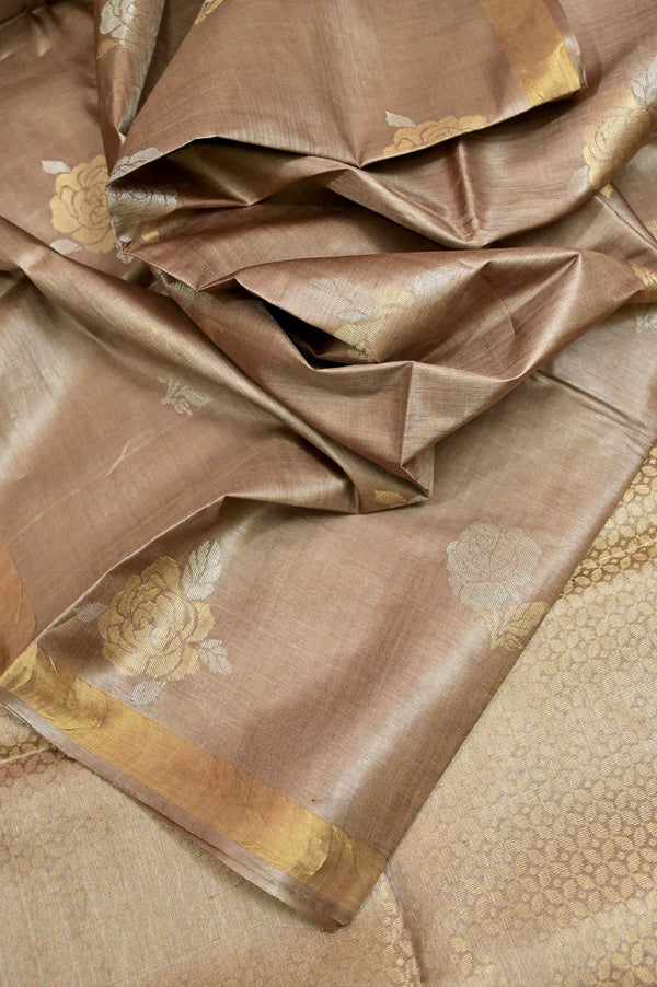 Tan Brown Color Desi Tussar Silk Saree with Golden and Silver Buta Work