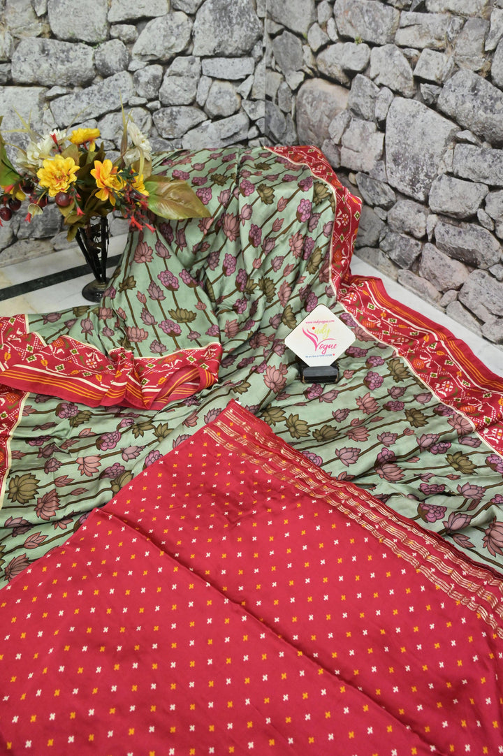 Tea Green and Multicolor Ghazi Silk Saree with Print Work