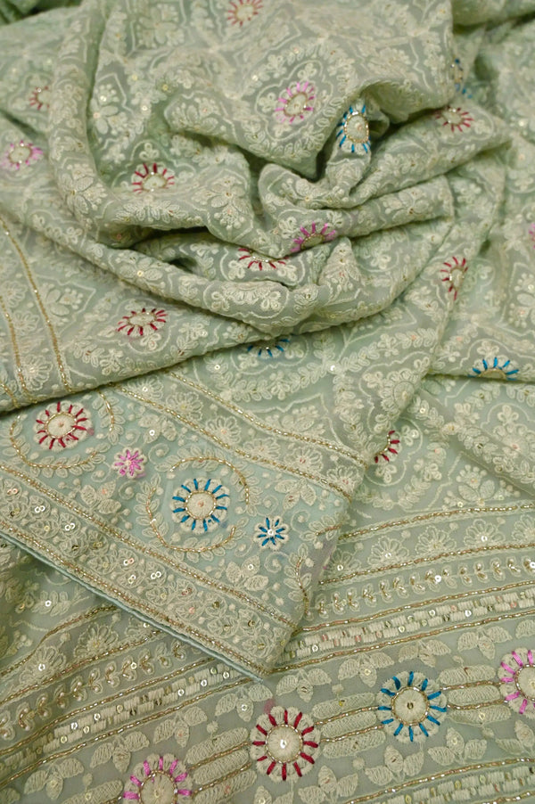 Tea Green Color Georgette Saree with Allover Machine Chikankari with Sequin Embroidery and Cod Piping