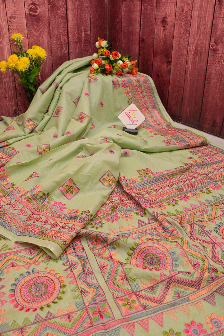 Tea Green Color Half Tussar Saree with Lambani Embroidery