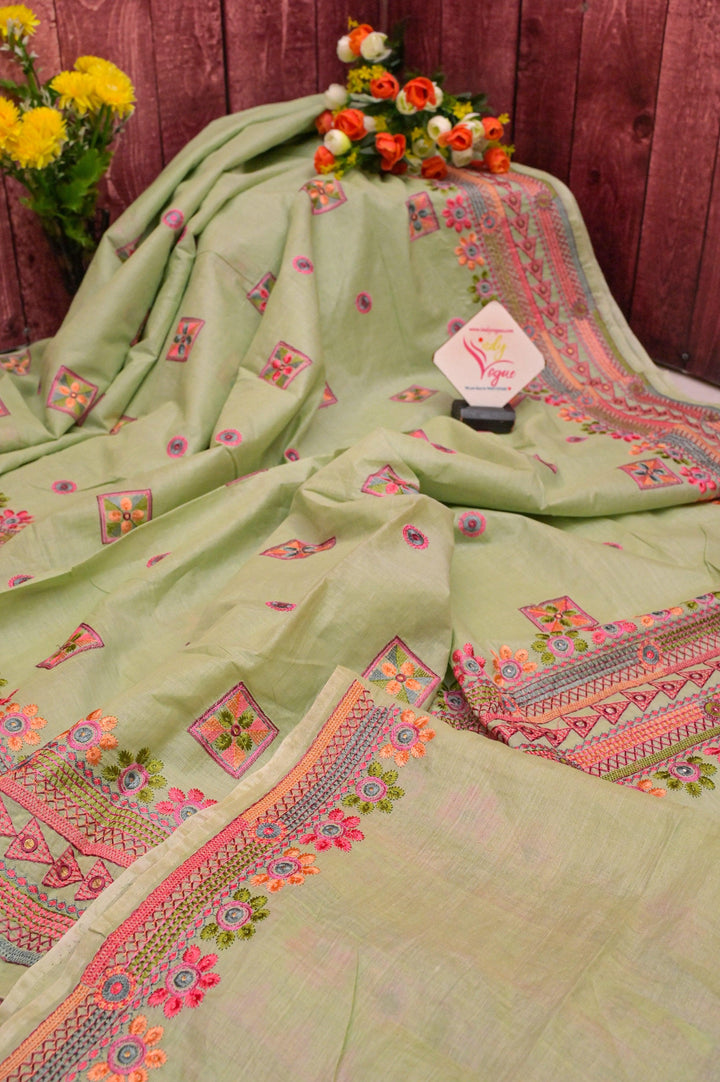 Tea Green Color Half Tussar Saree with Lambani Embroidery