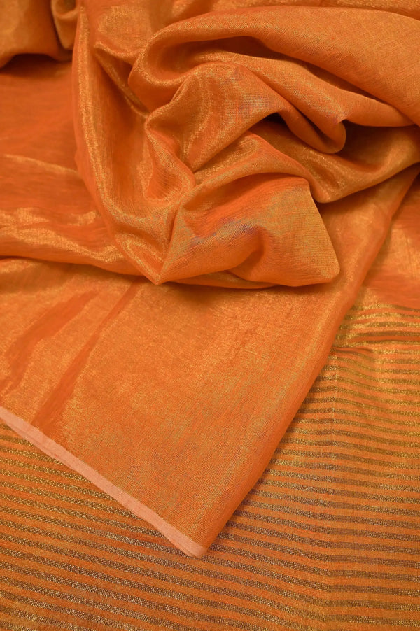 Tissue Linen Saree in Metallic Orange Color with Zari Stripe Work on Pallu