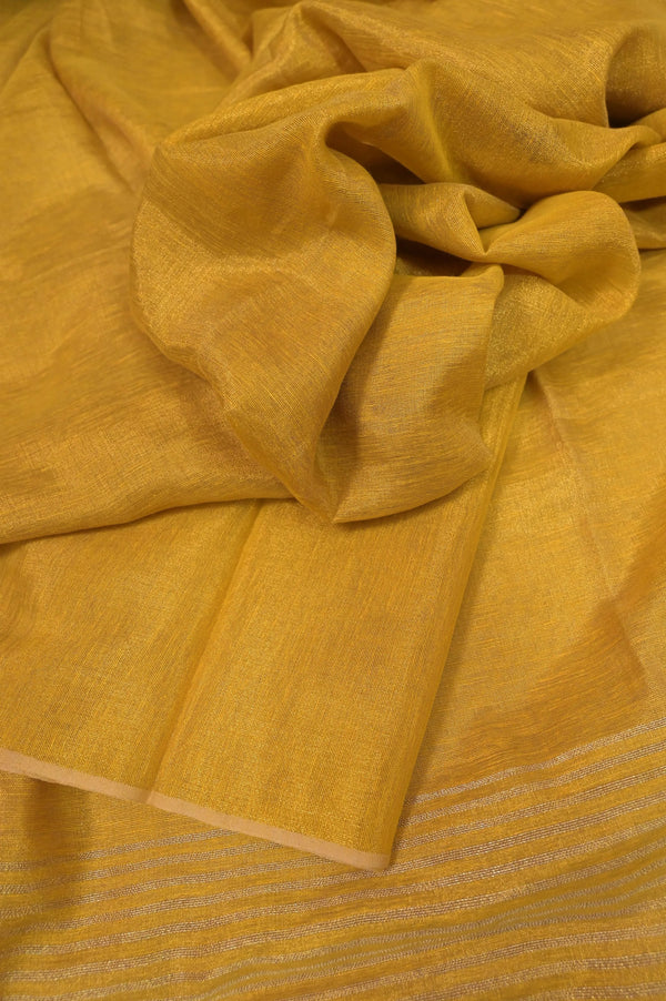 Tissue Linen Saree in Yellow Golden Color with Golden Zari Work Pallu and Thin Border