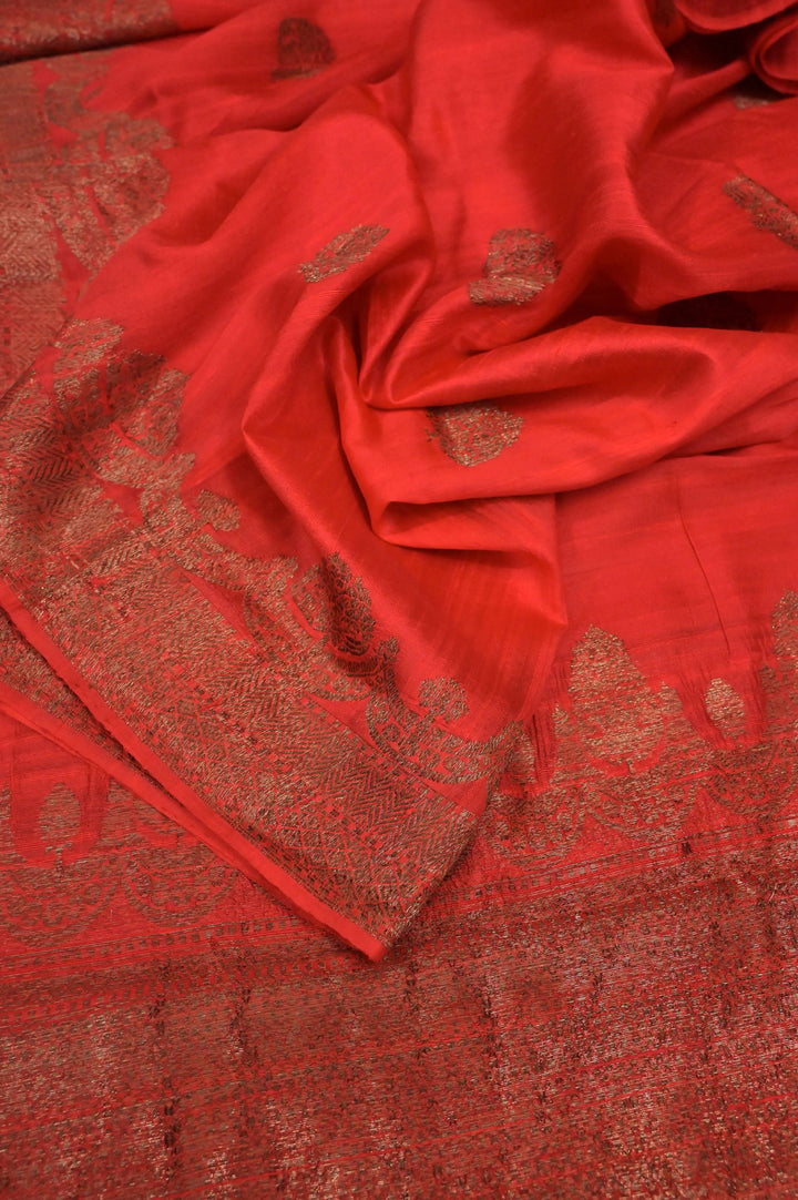 Tomato Red Color Raw Silk Banarasi Silk Saree with Butta Work