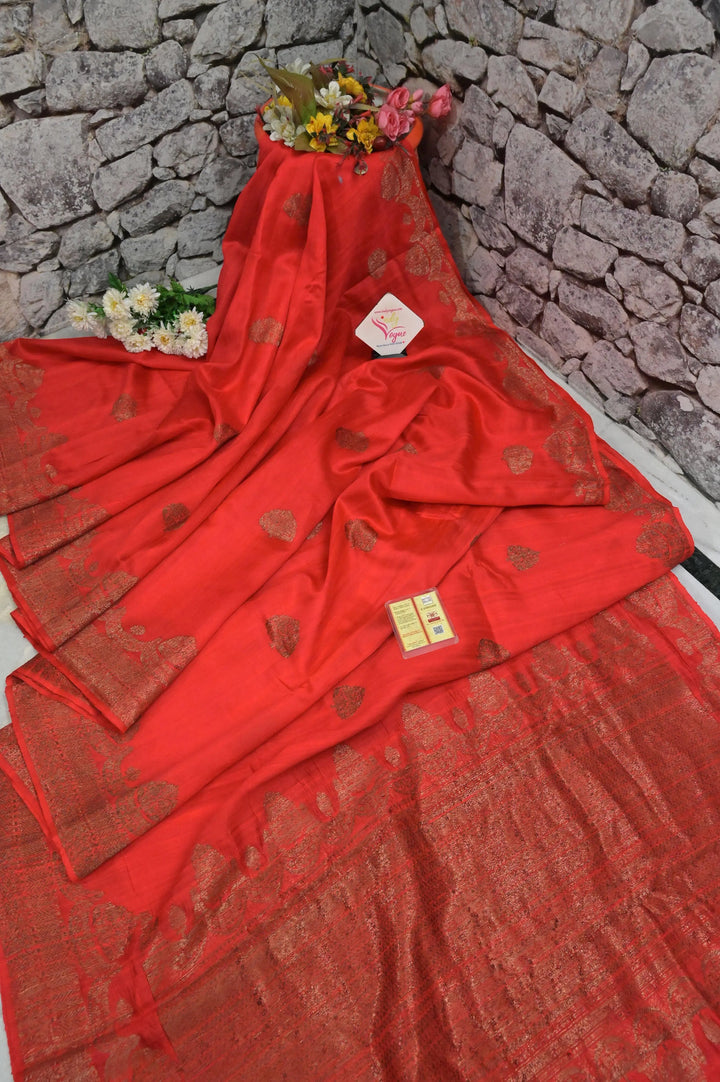 Tomato Red Color Raw Silk Banarasi Silk Saree with Butta Work