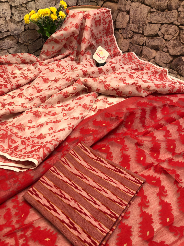True White and Red Color Jamdani Saree