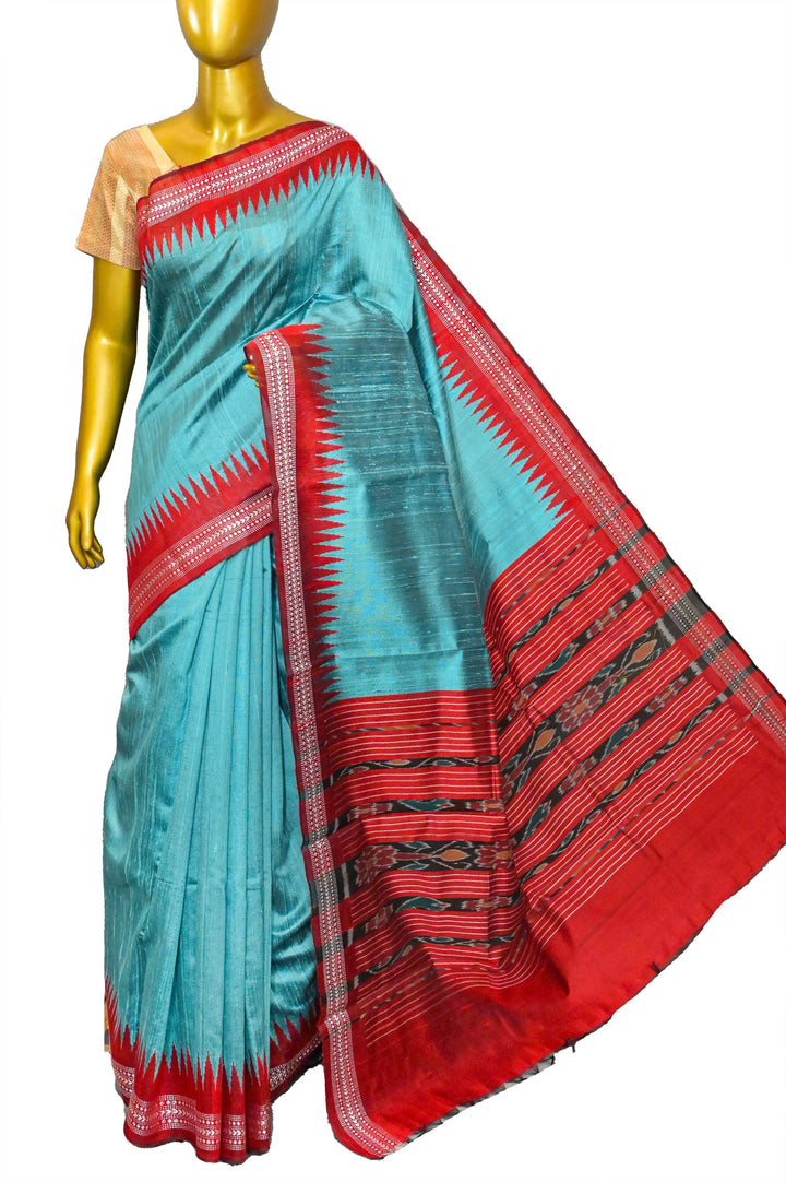 Turquoise Blue and Red Color Pure Raw Silk with Ikkat Pallu and Vidharbha Border