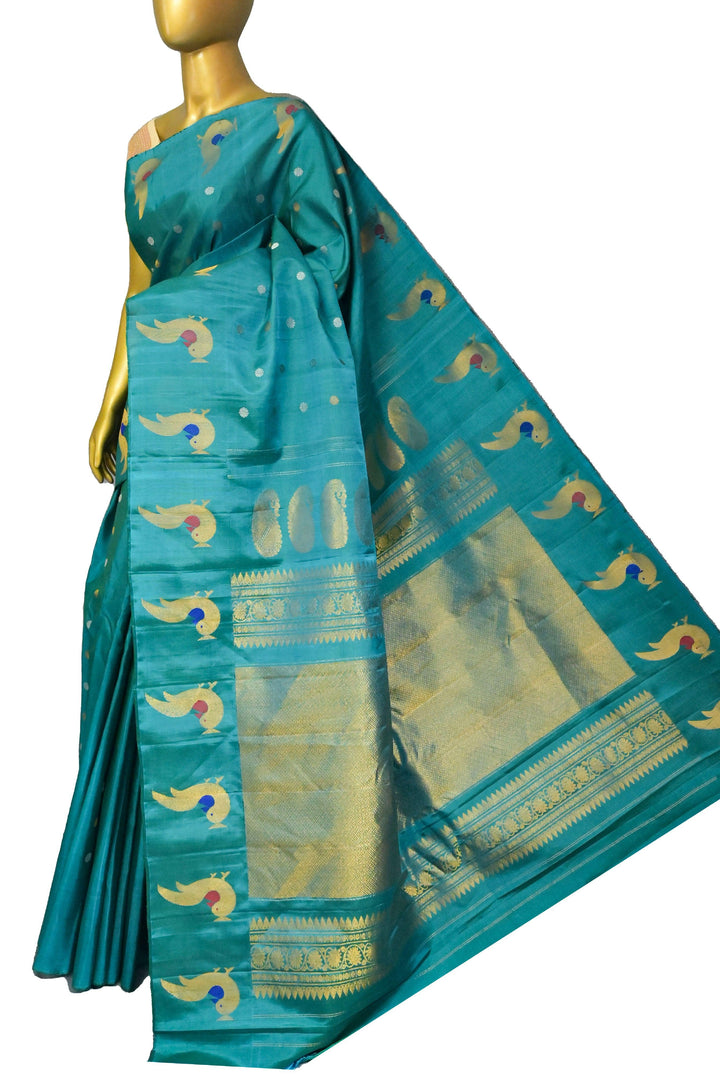 Turquoise Blue Color Pure Gadwal Silk with Paithani Design and Meenakari Pallu
