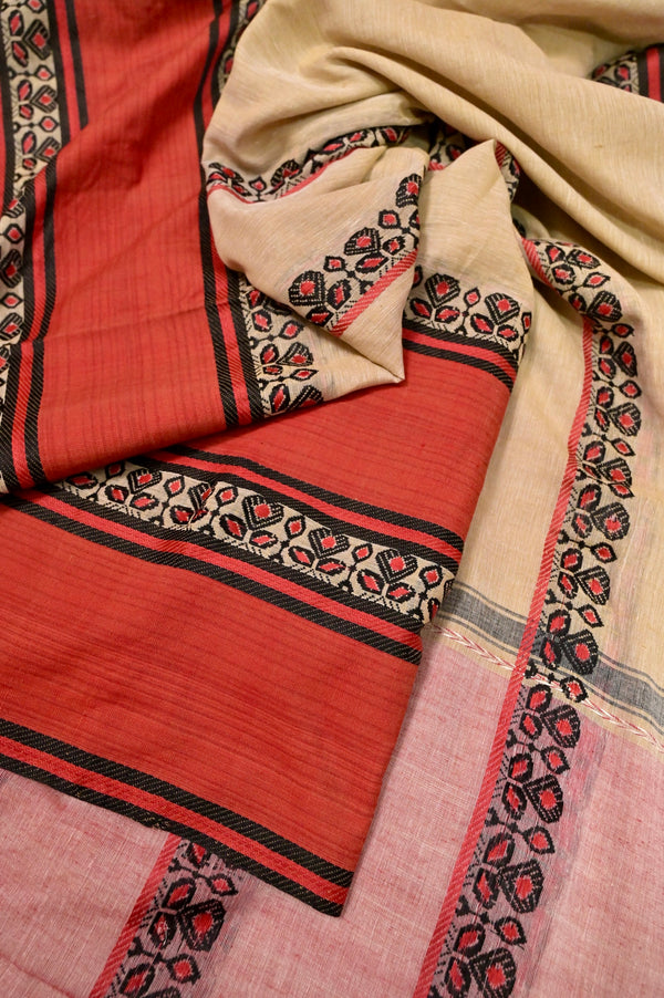 Tussar and Brick Red Color Pure Dhaniakhali Khadi Cotton Saree