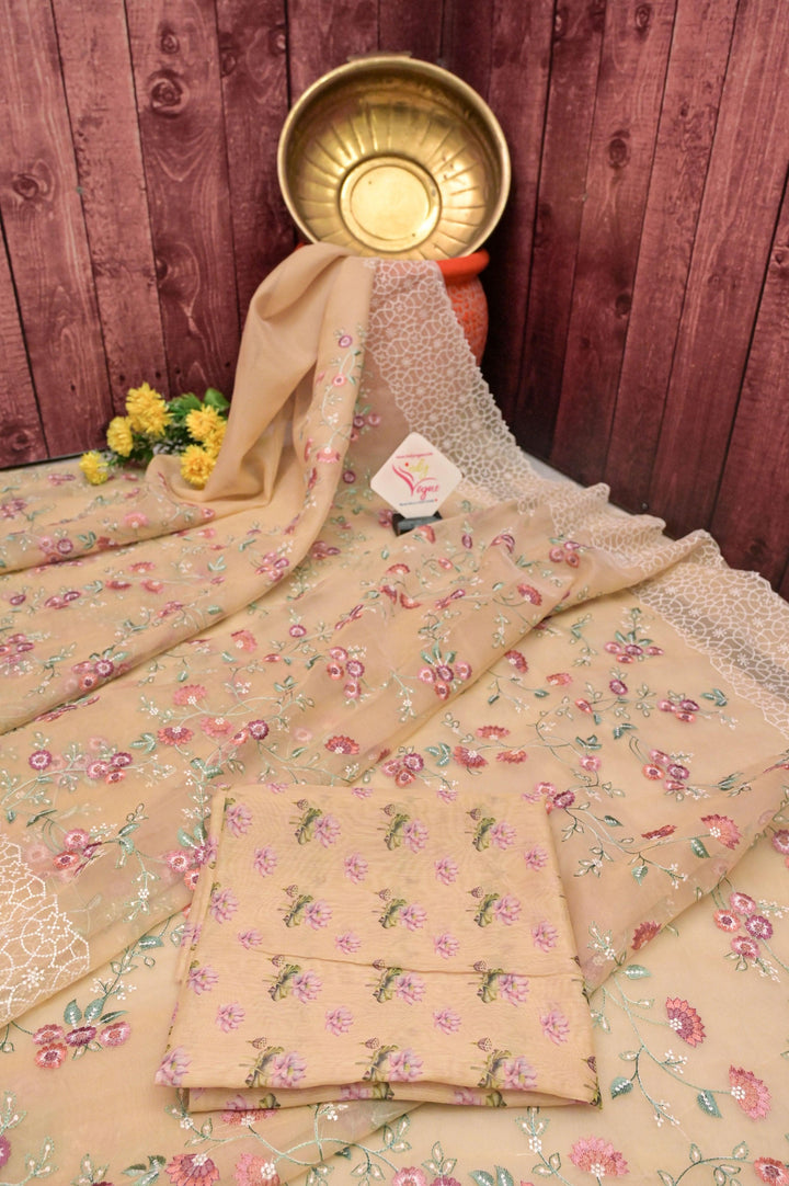 Tussar Color Organza Saree with Machine Embroidery