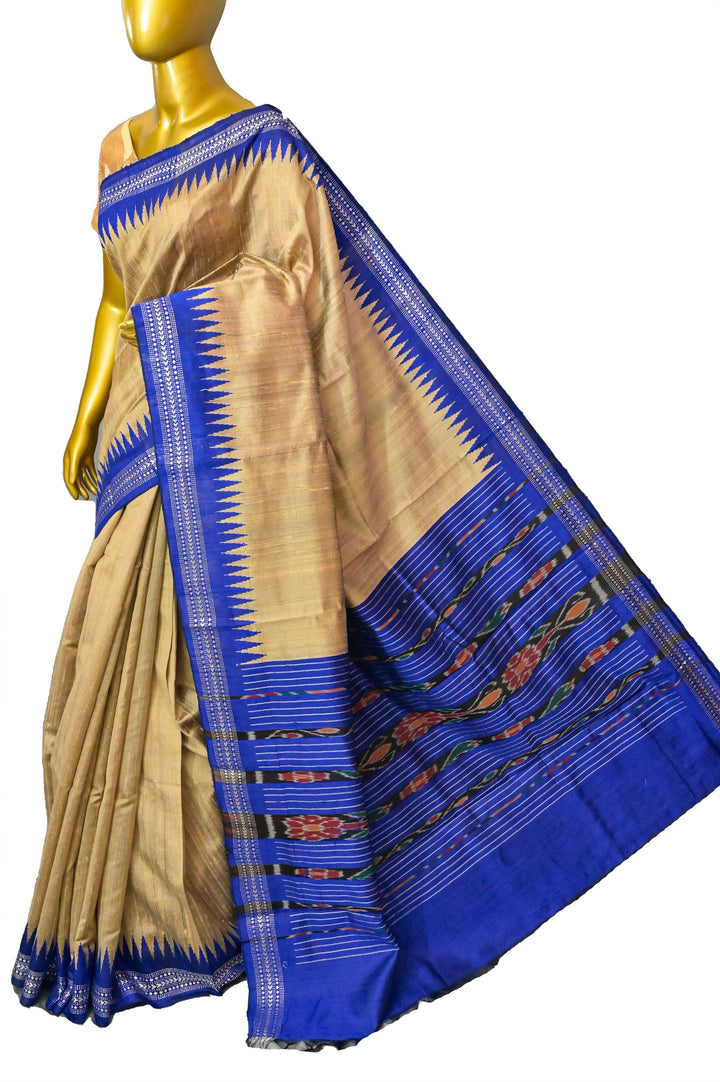 Tussar Golden and Blue Color Pure Raw Silk with Ikkat Pallu and Vidharbha Border