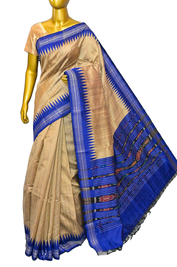 Tussar Golden and Blue Color Pure Raw Silk with Ikkat Pallu and Vidharbha Border