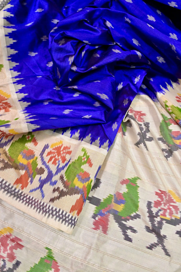 Ultramarine Blue Color Pure Ikat Silk Saree with Paithani Border and Pallu