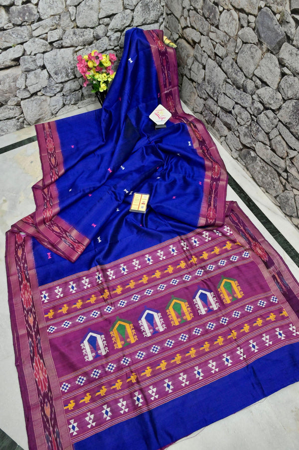 Ultramarine Blue Color Pure Raw Silk Saree with Dolabedi Pallu and Sambalpuri Border