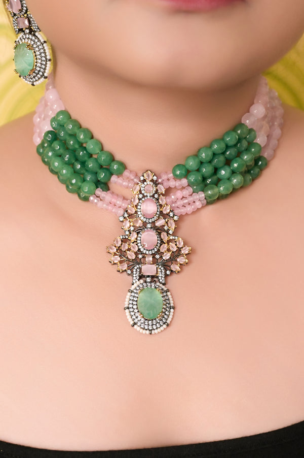 Victorian Style Emerald Green and Pink Beads Long Necklace with Monalisa Stone Pendant