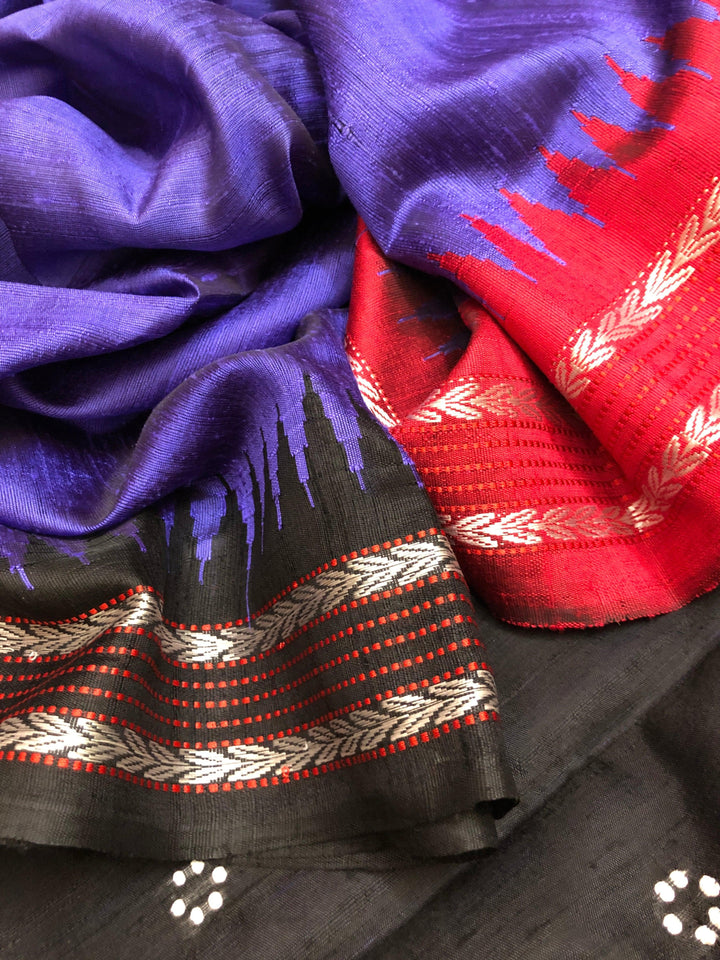 Violet and Black Color Pure Raw Silk Saree with Ganga Jamuna Style Vidarbha Border