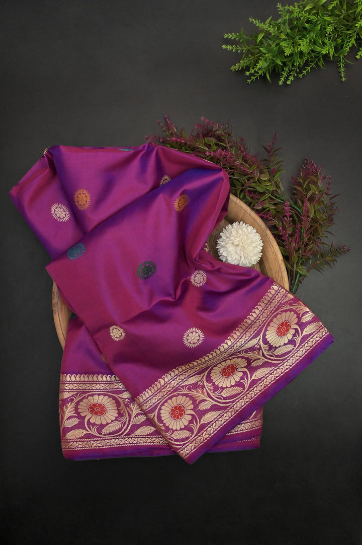 Violet and Magenta Dual Tone Pure Revival Baluchari Silk Saree with Meenakari Work