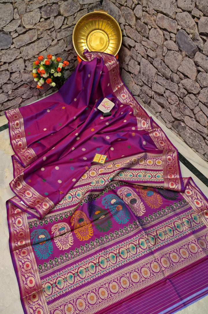 Violet and Magenta Dual Tone Pure Revival Baluchari Silk Saree with Meenakari Work