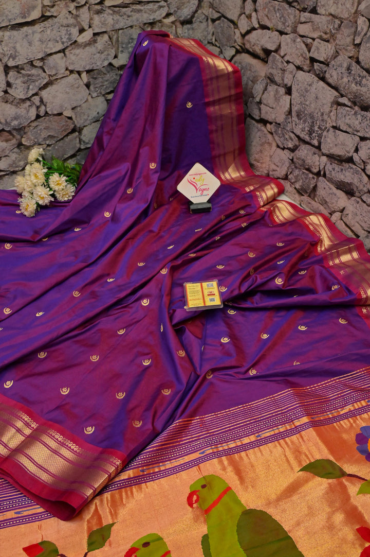 Violet and Red Color Dual Tone Yeola Paithani Silk Saree with Chand Buti