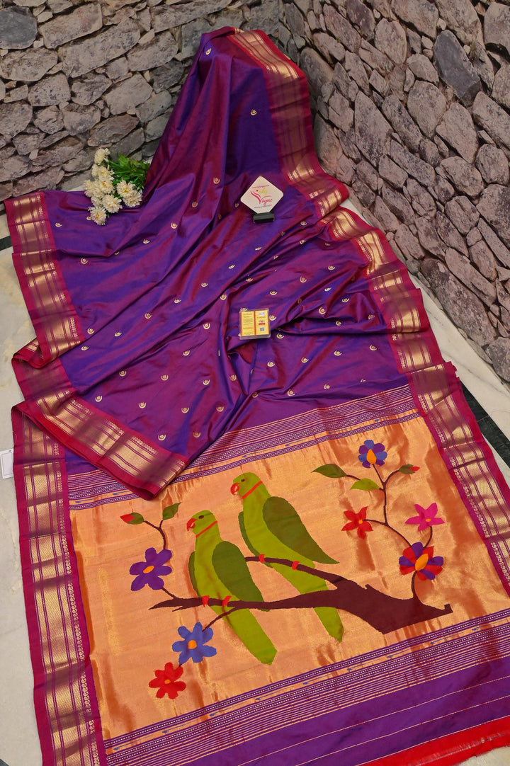 Violet and Red Color Dual Tone Yeola Paithani Silk Saree with Chand Buti