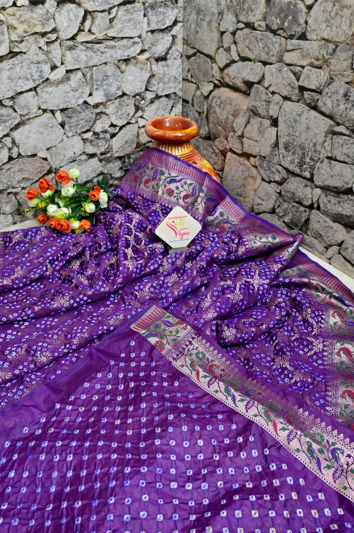 Violet Color Dupion Silk Saree with Paithani Design & Hand Bandhani Work