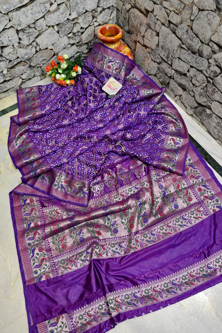 Violet Color Dupion Silk Saree with Paithani Design & Hand Bandhani Work