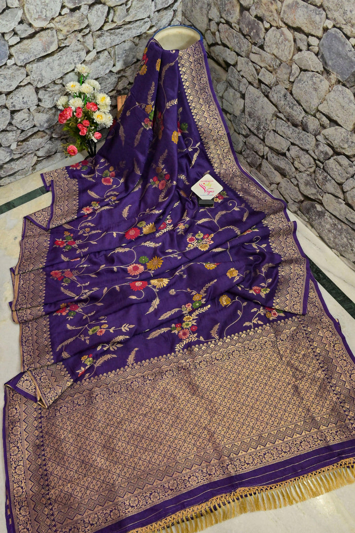 Violet Color Muga Banarasi Silk Saree with Jaal Work