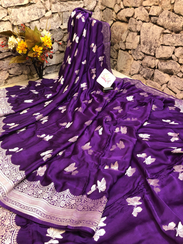 Violet Color Satin Banarasi Saree with Silver Zari Work