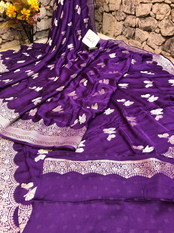Violet Color Satin Banarasi Saree with Silver Zari Work