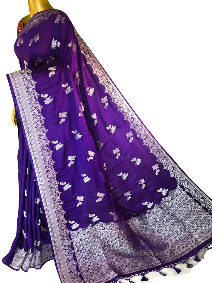 Violet Color Satin Banarasi Saree with Silver Zari Work