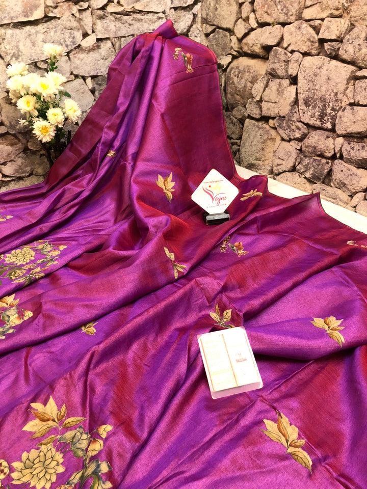 Violet Color Tussar Silk Saree with Kalamkari Patch Work