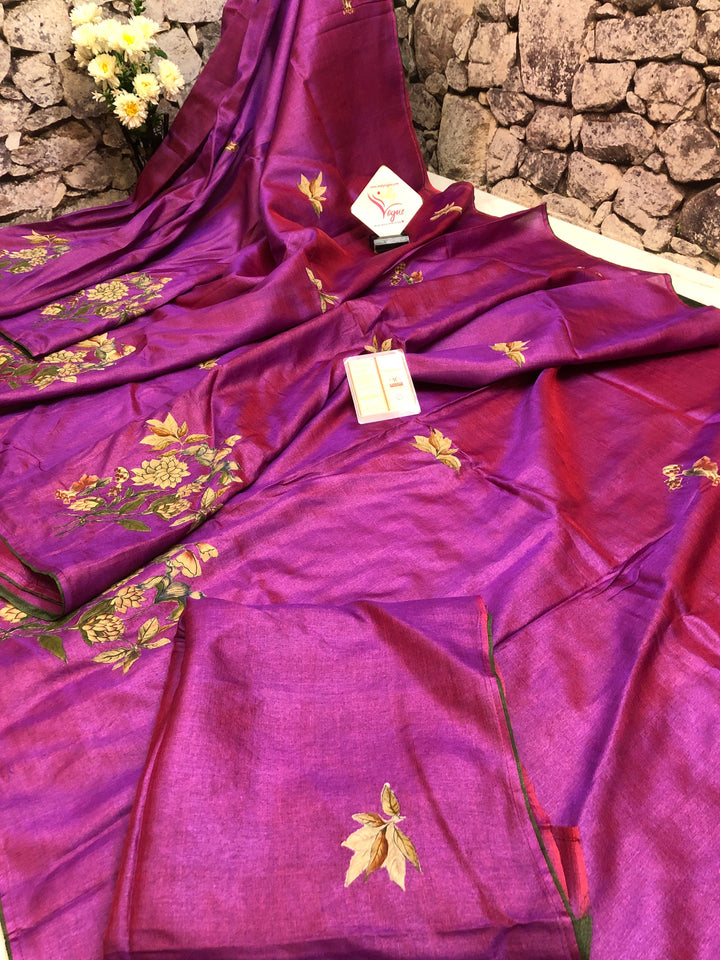 Violet Color Tussar Silk Saree with Kalamkari Patch Work