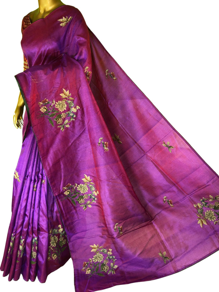 Violet Color Tussar Silk Saree with Kalamkari Patch Work