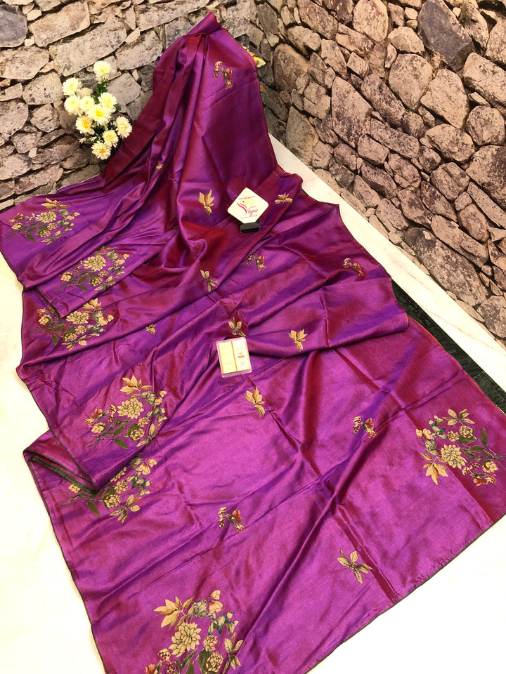 Violet Color Tussar Silk Saree with Kalamkari Patch Work
