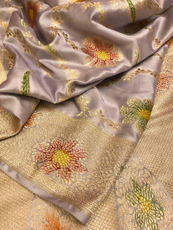 Violet Grey Color Muga Banarasi Silk Saree