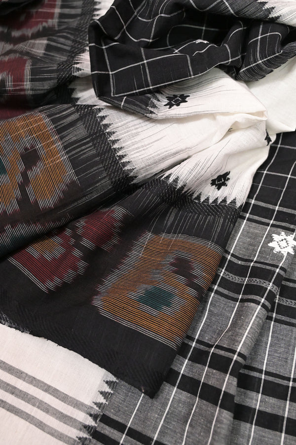 White and Black Color Pure Dhaniakhali Khadi Cotton Saree with Ikat Border
