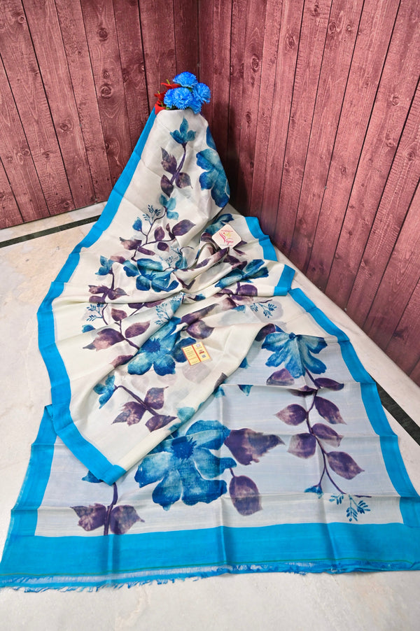White and Blue Bishnupur Silk Saree with Digital Print