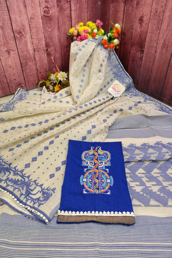 White and Blue Color Bangladeshi Jamdani Saree with Lace Work