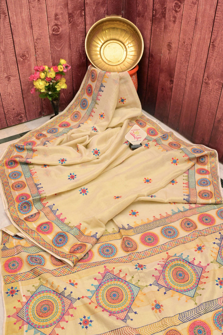 White and Gold Color Tissue Cotton Saree with Lambani Embroidery