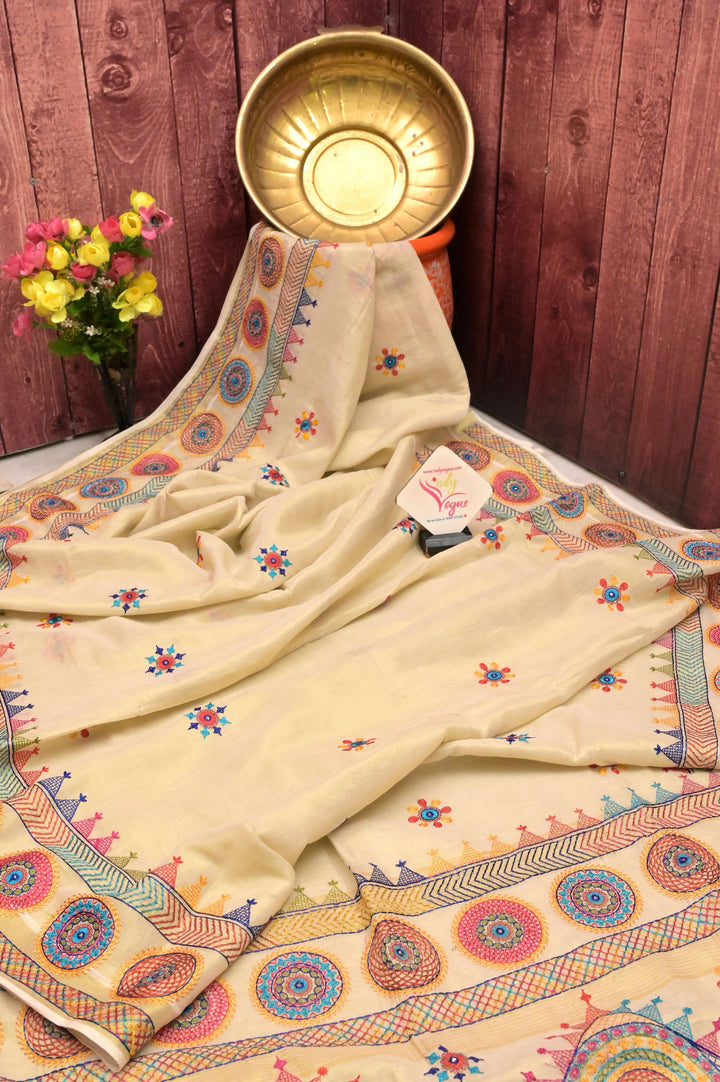 White and Gold Color Tissue Cotton Saree with Lambani Embroidery