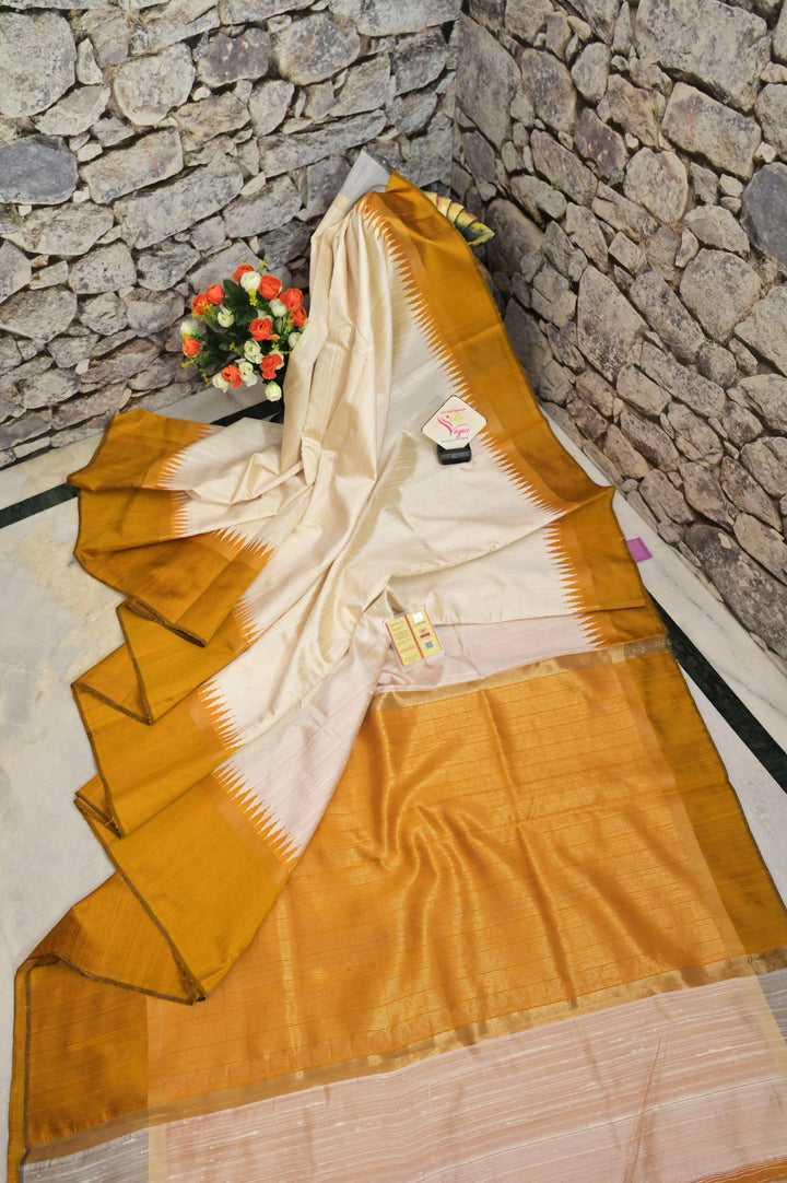White and Golden Yellow Color Pure Raw Silk Saree