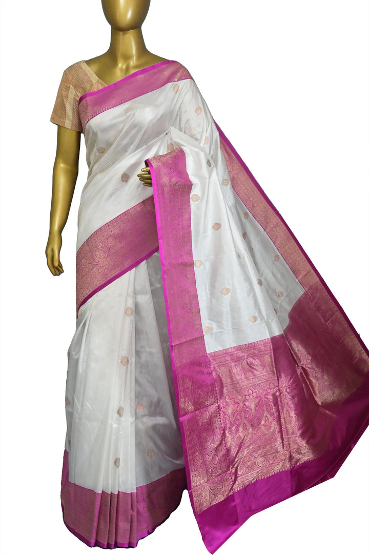 White and Magenta Color katan Banarasi Saree with Allover Butta Work