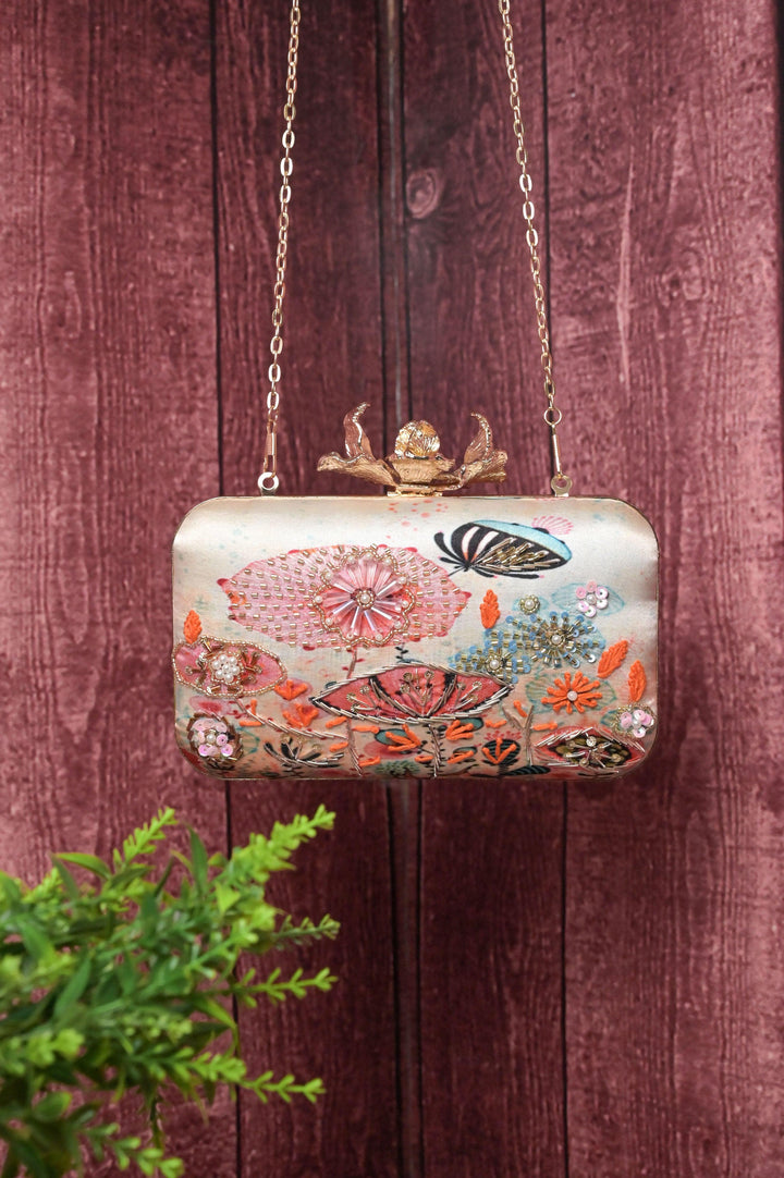 White and Multicolor Clutch with Embroidery Pearl and Sequin Work