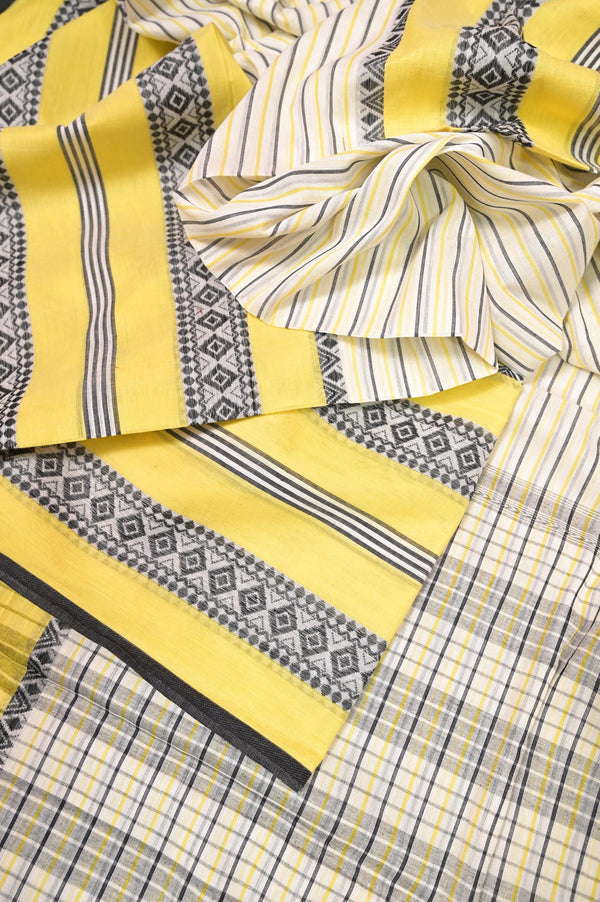 White and Multicolored Soft Dhaniakhali Tant Pure Bengal Cotton Saree with Broad Border