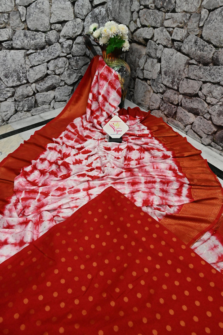 White and Red Color Georgette Chanderi Banarasi Saree with Shibori Dye Work