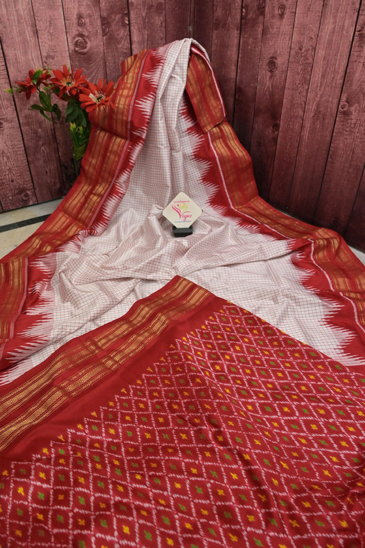 White and Red Color Ikat Silk Saree with Checks and Temple Border