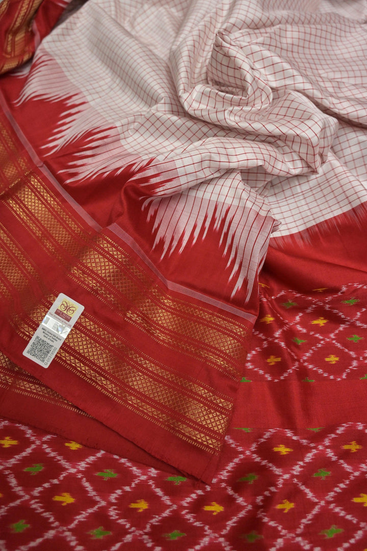 White and Red Color Ikat Silk Saree with Checks and Temple Border