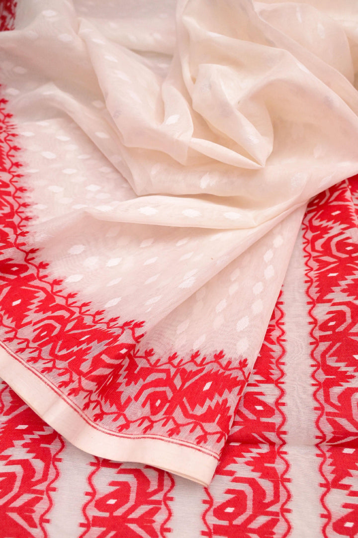 White and Red Color Jamdani Saree with Cotton Embroidery Blouse Piece